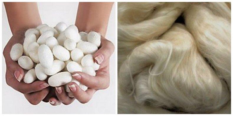 Чтобы шелковая подушка получилась пышной, в натуральный наполнитель добавляют искусственное силиконовое волокно На фото – шелковое волокно